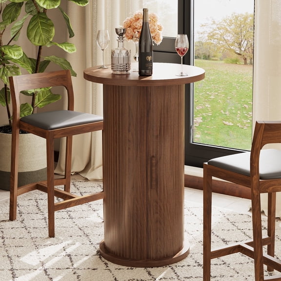 Pusnapku Round Pub Table, Modern 36" Tall Fluted High Top Table with Hidden Storage Shelf and Sliding Door, Wood Small Cocktail Bar for Dining Room
