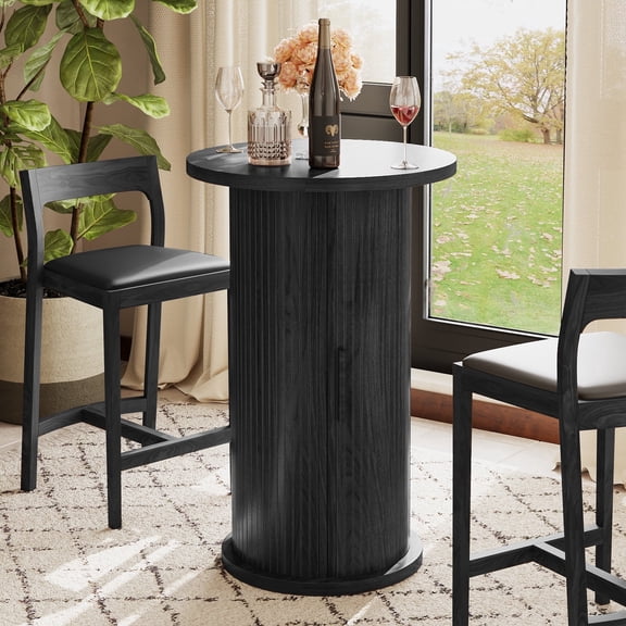 Pusnapku Round Pub Table, Modern 36" Tall Fluted High Top Table with Hidden Storage Shelf and Sliding Door, Wood Small Cocktail Bar for Dining Room