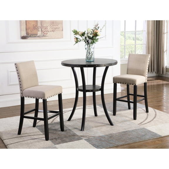 36" Round Bar Table and 2 Nail Head Stools | Suitable for Happy Meals, Adds On-Trend Style