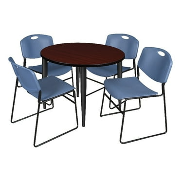 36" Round Breakroom Table- Mahogany Top- Black Base & 4 Zeng Stack Chairs- Blue