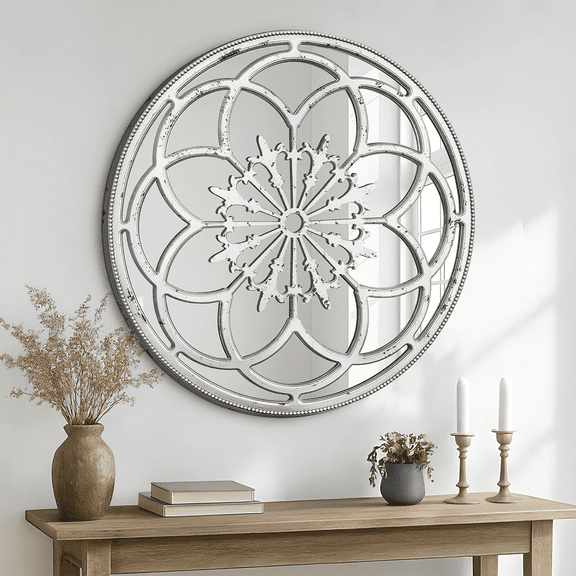 36" Round Cathedral Window Mirror, Distressed Wood Beaded Frame & Fleur-de-Lis Accents, Antique Silver French Country Farmhouse Wall Decor for Entryway, Fireplace Mantel, Living Room