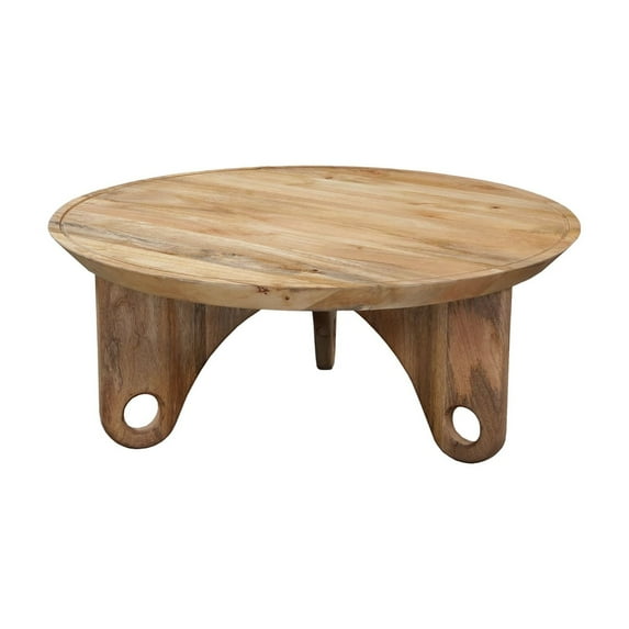 36" Round Coffee Table Handcrafted Grooved Edge Top Natural Brown Mango Wood