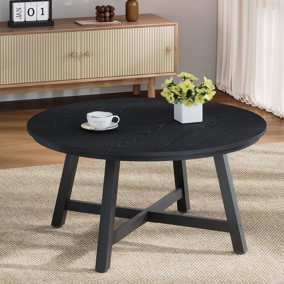 36" Round Coffee Table, Modern Wood Grain Circle Center Table with Thick Metal Legs & Adjustable Feet-Black