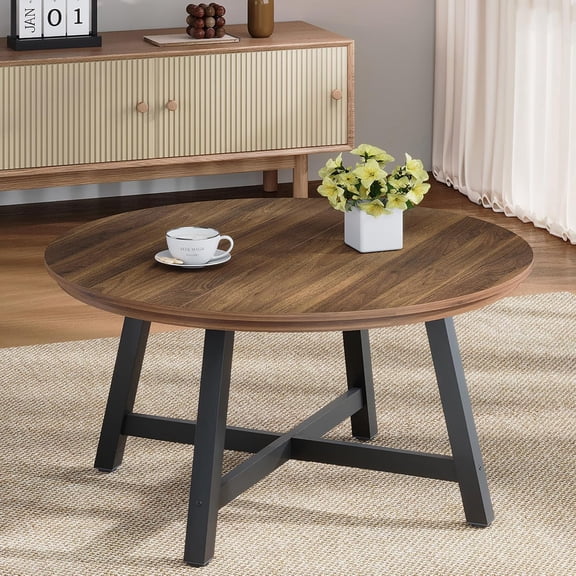36" Round Coffee Table with Adjustable Feet, Industrial Center Table with Thick Legs & Wood Grain Design for Living Room