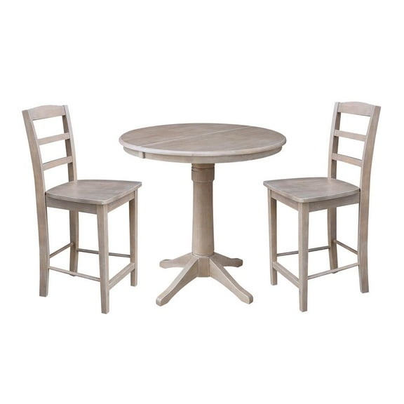 36" Round Counter Height Table with 12" Leaf and 2 Madrid Stools - Washed Gray Taupe - 3 Piece Set