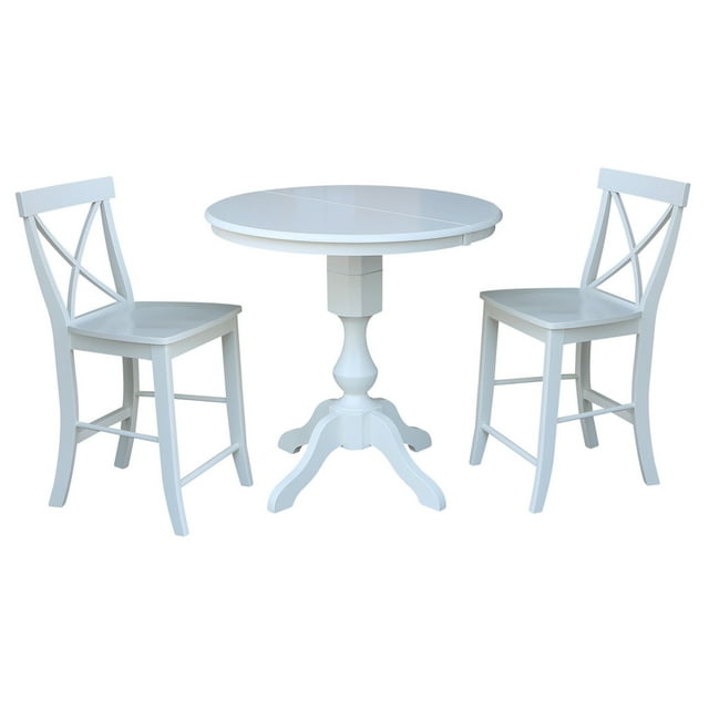 36" Round Counter Height Table with 12" Leaf and 2 X-back Stools – White - 3 Piece Set
