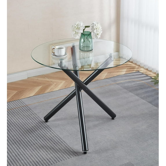 36" Round Dining Table for 2-4, Modern Glass Kitchen Dining Room Table with Black Cross-Shape Metal Legs, Small Circle Dinner Coffee Tables for Kitchen, Dining Room, Living Room
