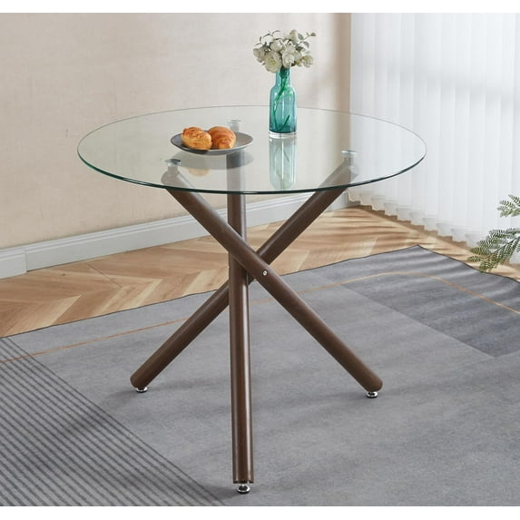 36" Round Dining Table for 2-4, Modern Glass Kitchen Dining Room Table with Walnut Cross-Shape Metal Legs, Small Circle Dinner Coffee Tables for Kitchen, Dining Room, Living Room