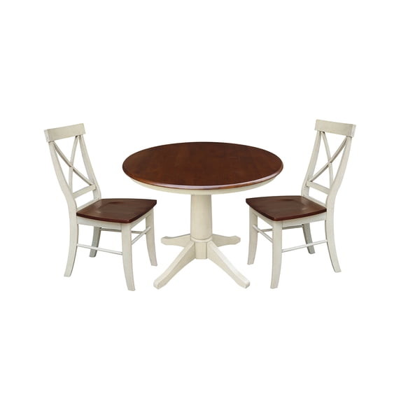 36" Round Dining Table and 2 X-back Chairs - Almond/Espresso - 3 Piece Set
