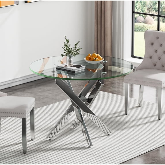 36'' Round Dining Table for 2-4, Round Dining Room Table for Small Space, Silver Glass Kitchen Table for 4, X-Shape Metal Legs