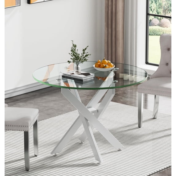36'' Round Dining Table for 2-4, Round Dining Room Table for Small Space, Silver Glass Kitchen Table for 4, X-Shape White Metal Legs