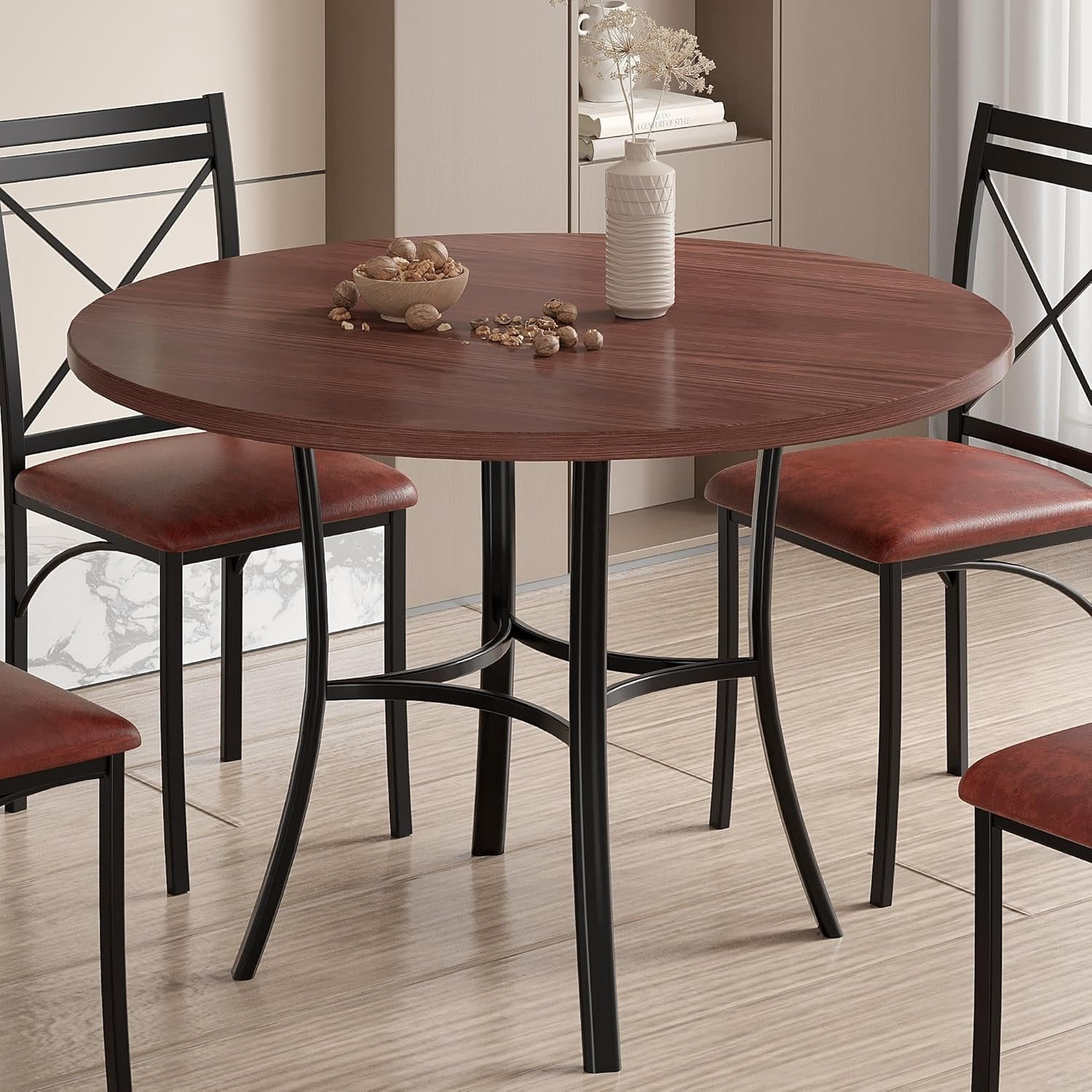 36" Round Dining Table for 4, Grain Dinette with Metal Frame for