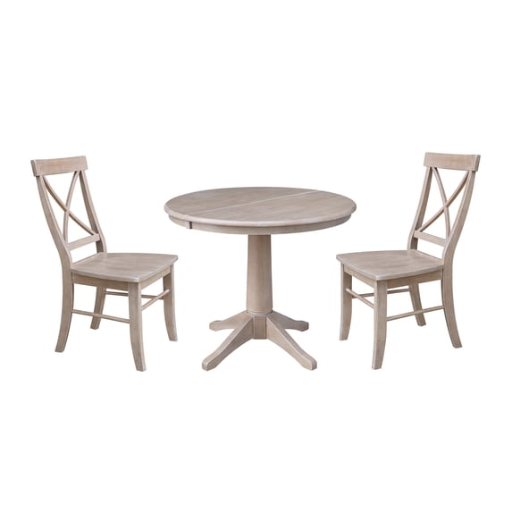 36" Round Dining Table with 12" Leaf and 2 X-back Chairs - Washed Gray Taupe - 3 Piece Set