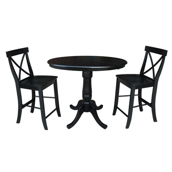 36" Round Counter Height Table with 12" Leaf and 2 X-back Stools - Black - 3 Piece set