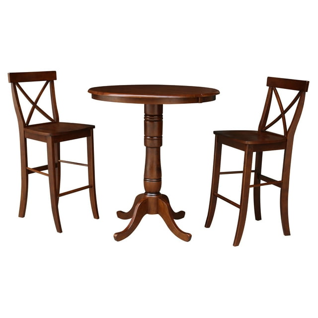 36" Round Extension Dining table with 2 X-Back Barheight Stools - Set of 3 Pieces