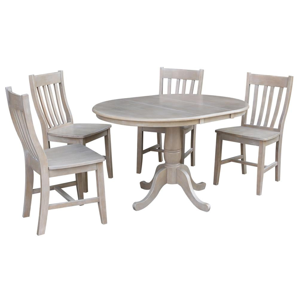 Washed Gray Taupe 36" Round Extension Dining Table with 4 Cafe Chairs