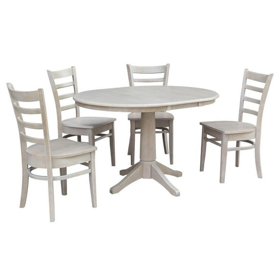 36" Round Extension Wood Dining Table With 4 Emily Chairs in Washed Gray Taupe