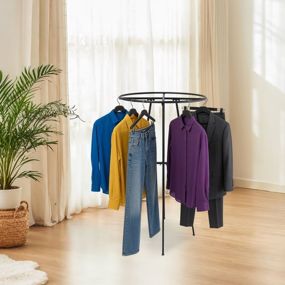 36" Round Garment Display Retail Rack, Adjustable Height (48-72") Floor Standing Metal Clothes Hanging Rack, Commercial Space-Saving Clothing Rack for Shopping Malls, Boutique, Home (Black)