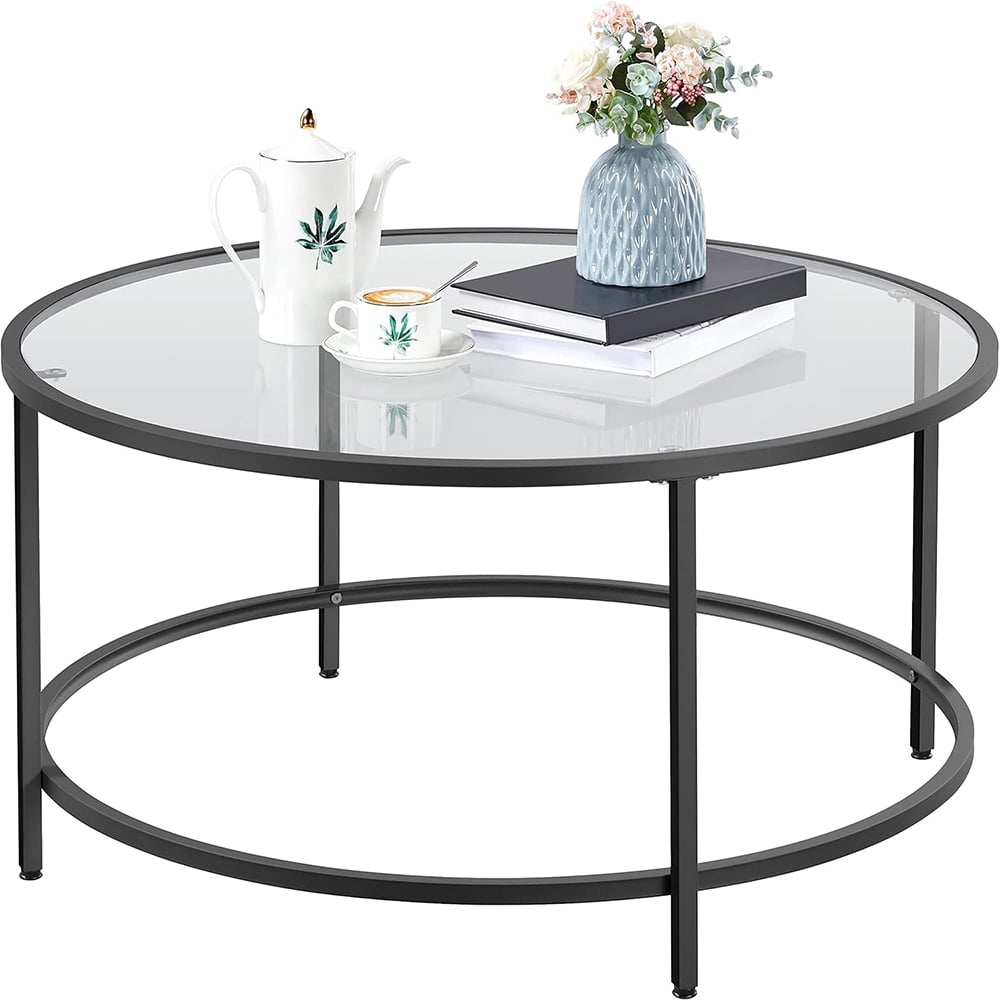 36" Round Glass Coffee Table, Black Circle Coffee Table Center Table ...