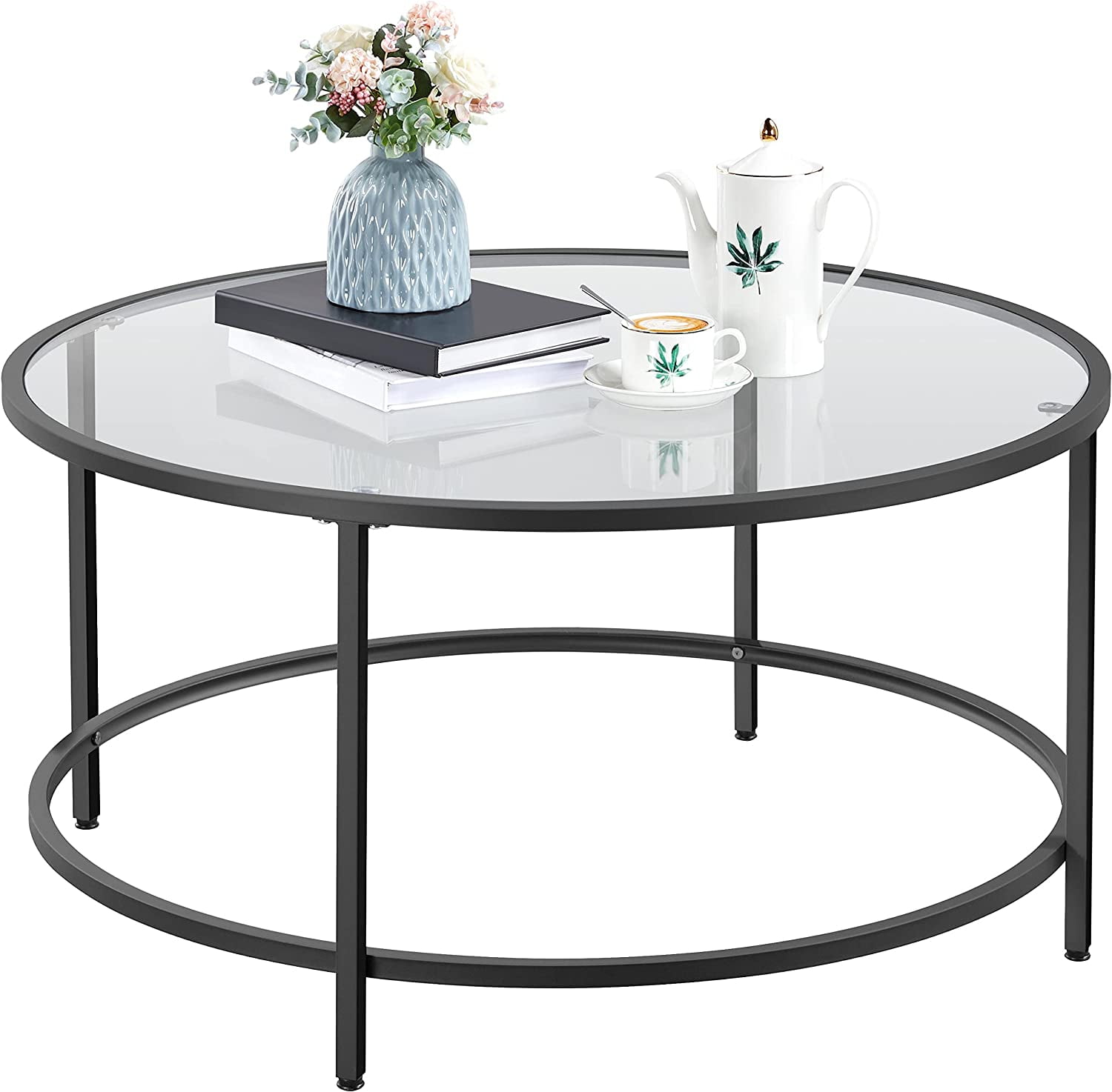 36" Round Glass Coffee Table, Black Circle Coffee Table Modern Center