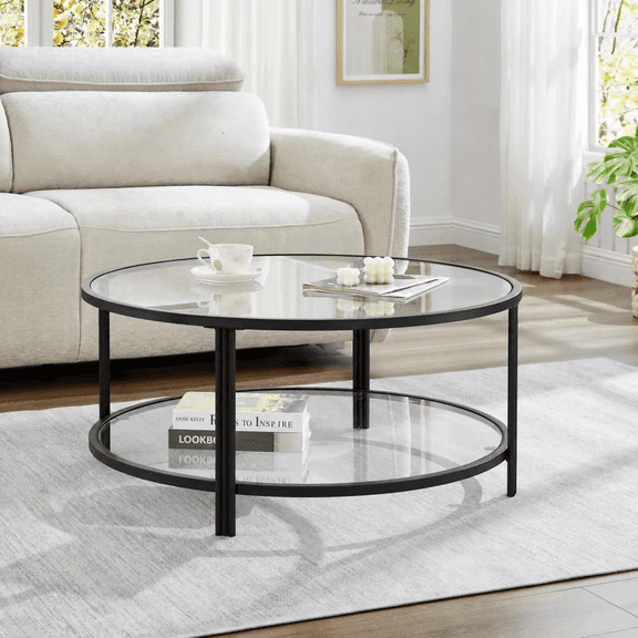 Durisen Oval Coffee Table - Tempered Glass Storage - 36 in, Black