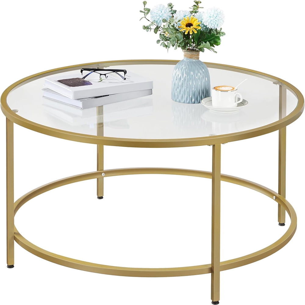 Gold Round Glass Coffee Table with Metal Frame, 36 Inch