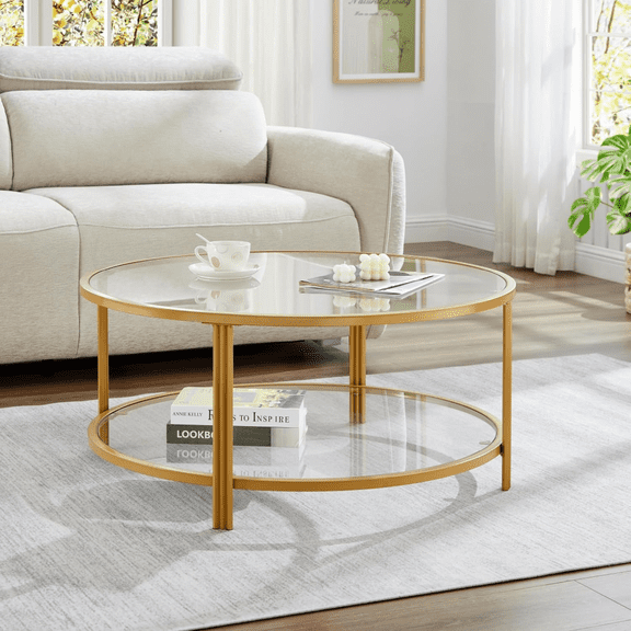 Durisen Round Coffee Table - Tempered Glass Top, 36 in Gold