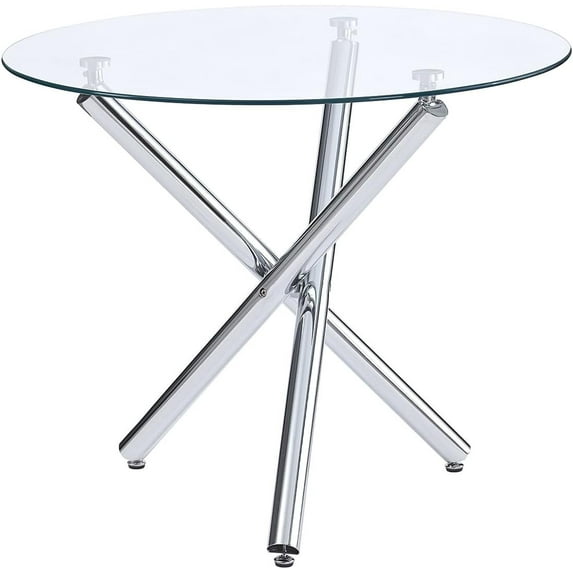 36" Round Glass Dining Room Table with Glass Top and Chrome Legs for Kitchen and Dining, Modern Compact Round Dinner Table for Apartment Small Spaces (Silver)