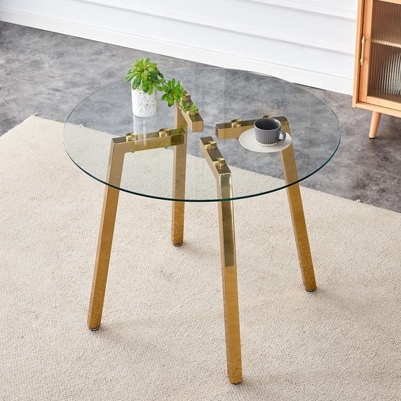 36" Round Glass Dining Table, Round Dining Table, Glass Dining Table with Chrome Gold Metal Legs, Modern Dining Room Table for 2-4 People, Ideal for Kitchen, Home, Dining Room.