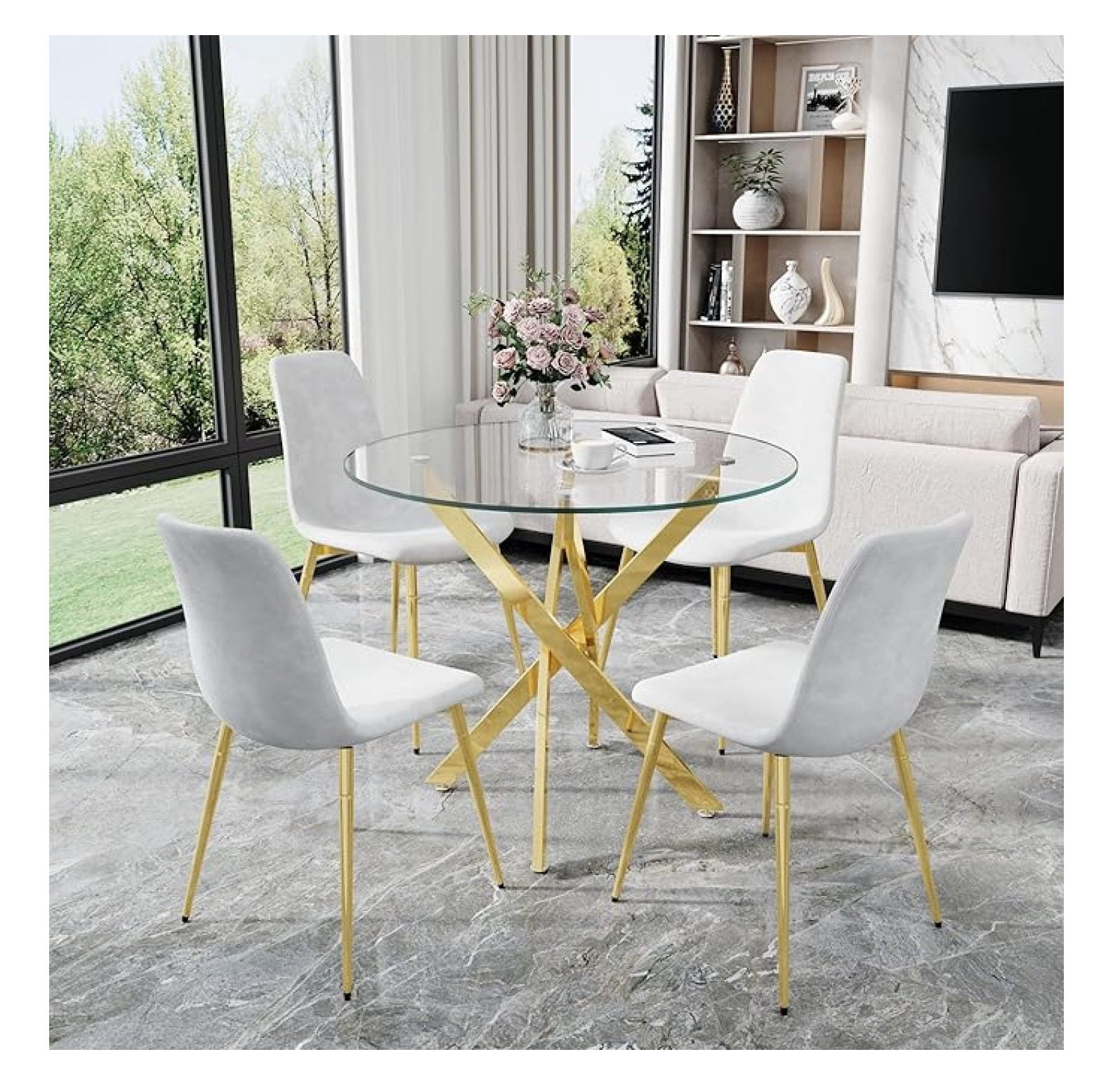 36" Round Glass Dining Table Set for 4, 5-Piece Modern Kitchen Table ...