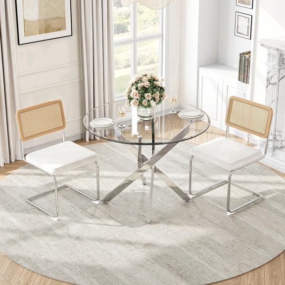 36" Round Glass Dining Table Set of 3, Silver Stainless Steel Cross Legs, 2 Rattan Velvet Upholstered Chairs, Modern Kitchen for Breakfast Nook