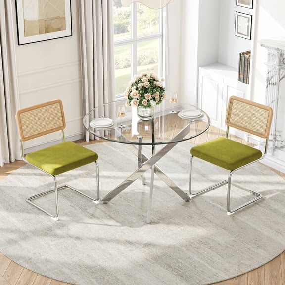 36" Round Glass Dining Table Set of 3, Silver Stainless Steel Cross Legs, 2 Rattan Velvet Upholstered Chairs, Modern Kitchen for Breakfast Nook