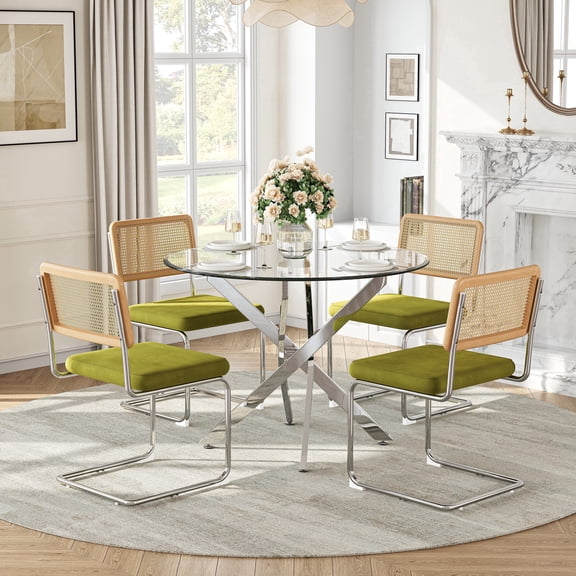 36" Round Dining Table Set for 4, Silver Stainless Steel Cross Legs, 4 Rattan Velvet Upholstered Chairs, Modern Kitchen for Breakfast Nook