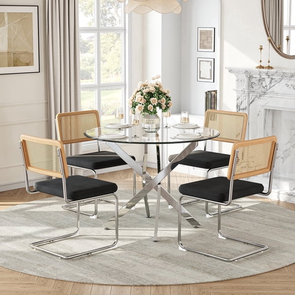 36" Round Dining Table Set for 4, Silver Stainless Steel Cross Legs, 4 Rattan Velvet Upholstered Chairs, Modern Kitchen for Breakfast Nook