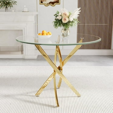 36" Round Glass Dining Table with Stainless Steel Legs, Modern Small Kitchen Table with Tempered Glass Top for Dining Room, Apartment, Kitchen