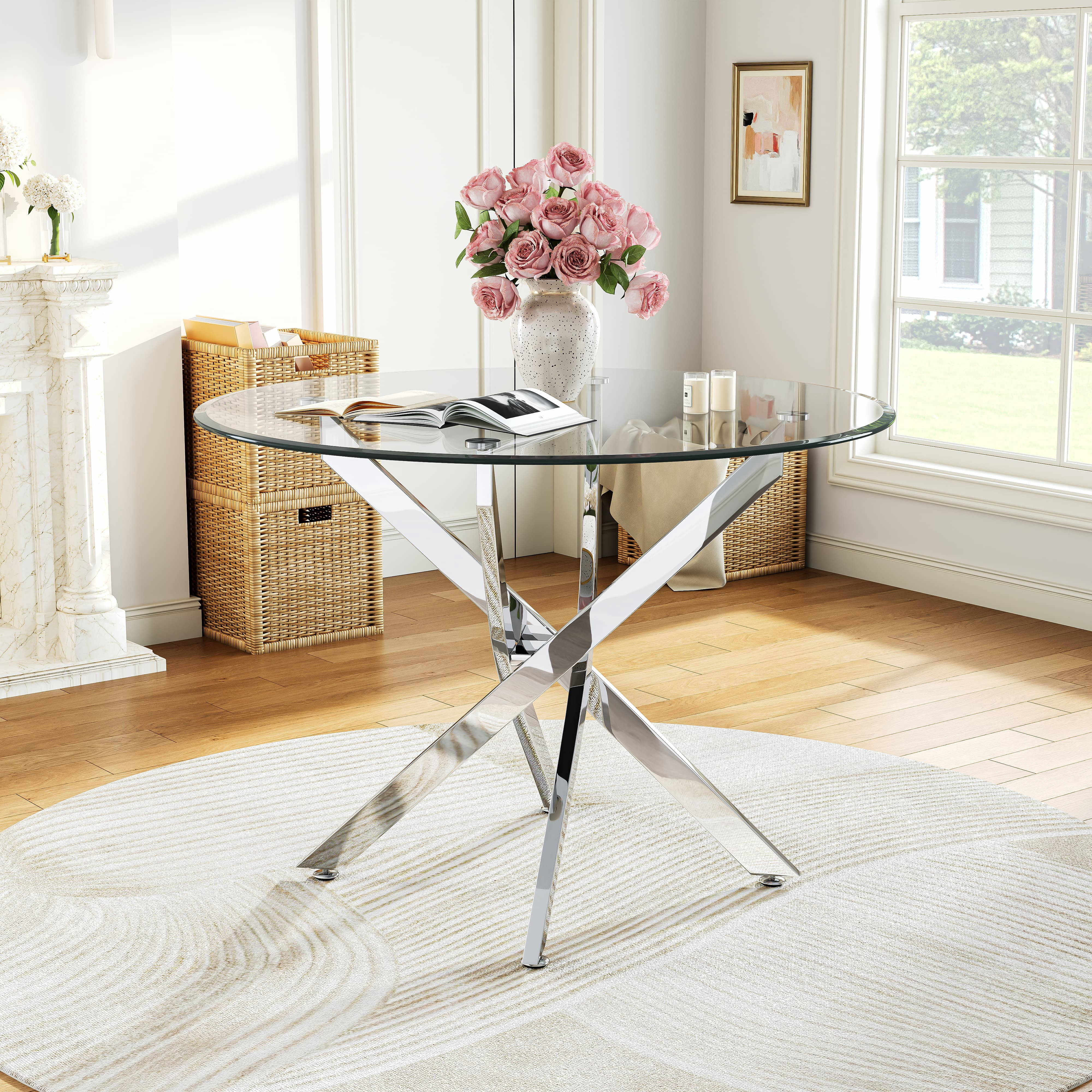 36" Round Glass Dining Table with Stainless Steel Legs, Modern Small Kitchen Table with Tempered Glass Top for Dining Room, Apartment, Kitchen