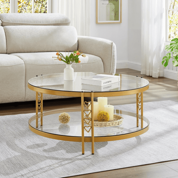 DURISEN 36" Round Glass Top Coffee Table with Storage and Heart-shaped table leg design