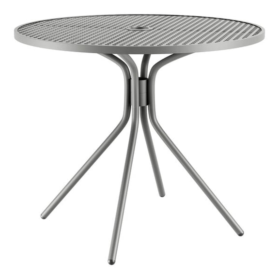 36" Round Gray Metal Outdoor Patio Restaurant Table with 2" Umbrella Hole Diameter and Cross Style Steel Base