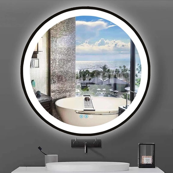 36" Round Led Lighted Bathroom Mirror Matte Black Frame 36 Inch Circle Round Light up Vanity Mirror with Lights Anti Fog 3 Color Dimmable Circle Bathroom LED Smart Light Mirrors