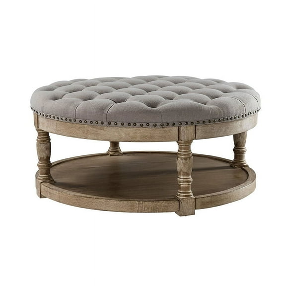 36" Round Ottoman, Tina's Home Open Shelf Storage Botton Nailhead Solid Wood Leg Living Room Grey