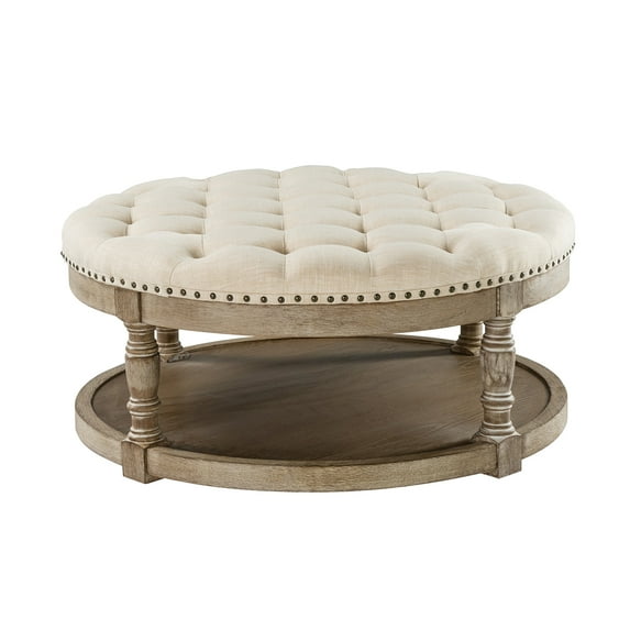 36" Round Ottoman, Tina's Home Open Shelf Storage Botton Nailhead Solid Wood Leg Living Room Linen