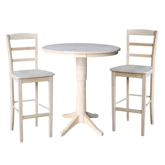 36" Round Pedestal Bar Height Table with 2 Madrid Stools - Unfinished - 3 Piece Set