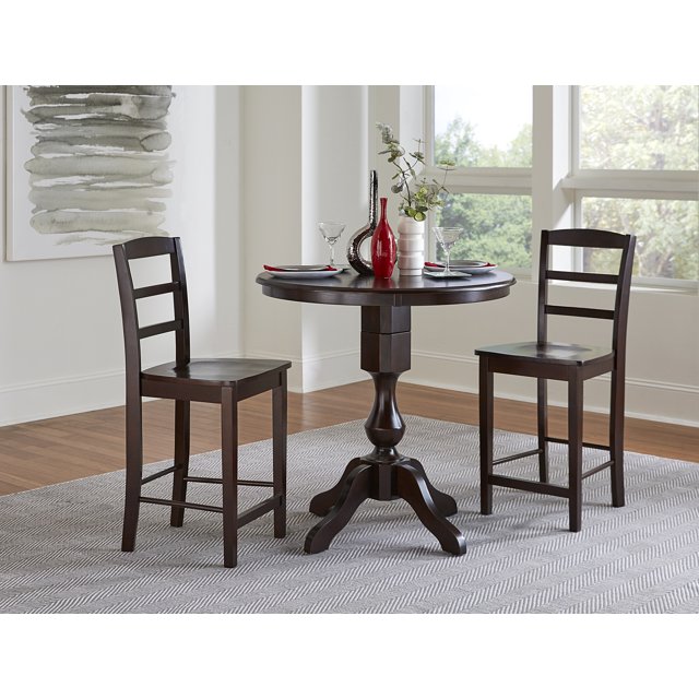 36" Round Pedestal Counter Height Table with 2 Madrid Stools Mocha 3 Piece Set