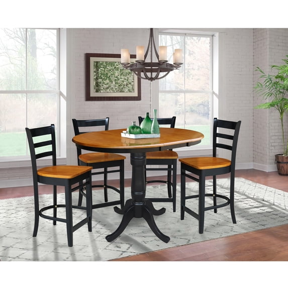 36" Round Solid Wood Counter Height Extension Dining Table with 12" Leaf and 4 Emily Counter Height Stools in Black / Cherry by International Concepts