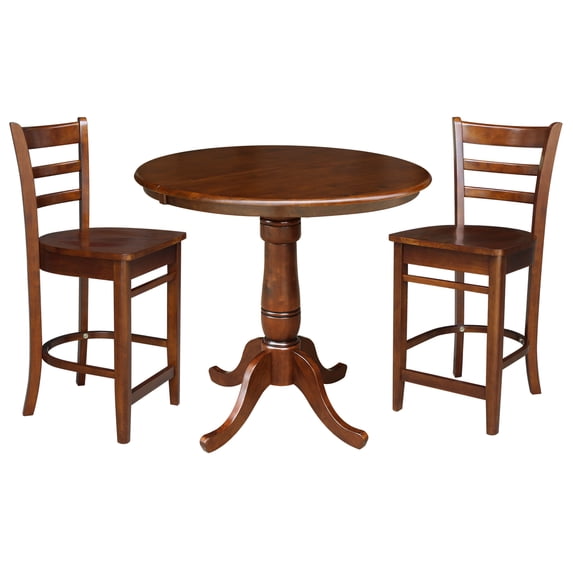 36" Round Solid Wood Counter Height Extension Dining Table with 12" Leaf and 2 Emily Counter Height Stools in Espresso by International Concepts