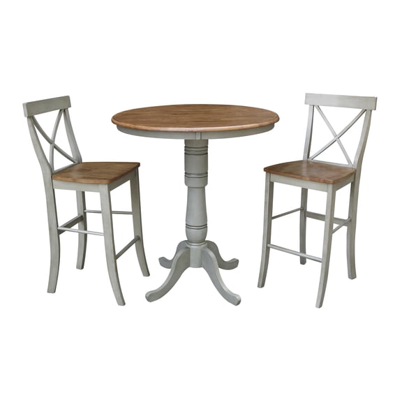 36" Round Solid Wood Distressed Hickory/Stone Bar Height Table With 2 Stools