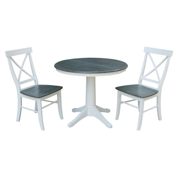 36" Round Solid Wood Extension Dining Table With 2 Cross Back Chairs in White/Heather Gray by International Concepts