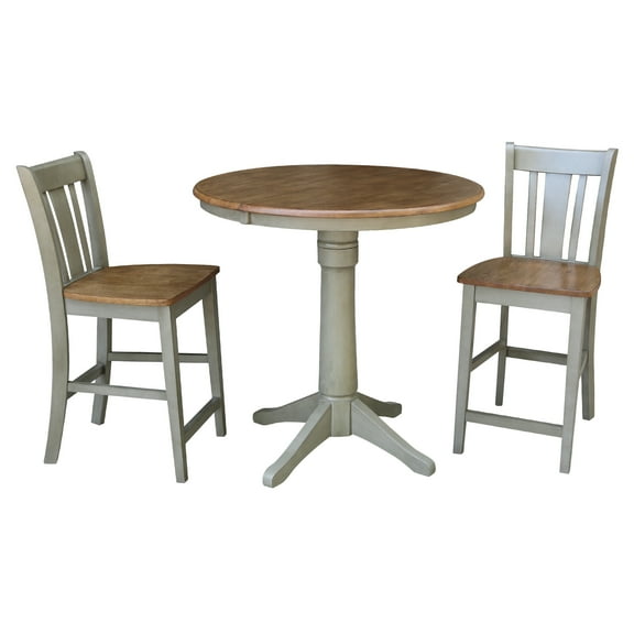 36" Round Solid Wood Extension Dining Table With 2 San Remo Counter Height Stools in Distressed Hickory/Stone by International Concepts