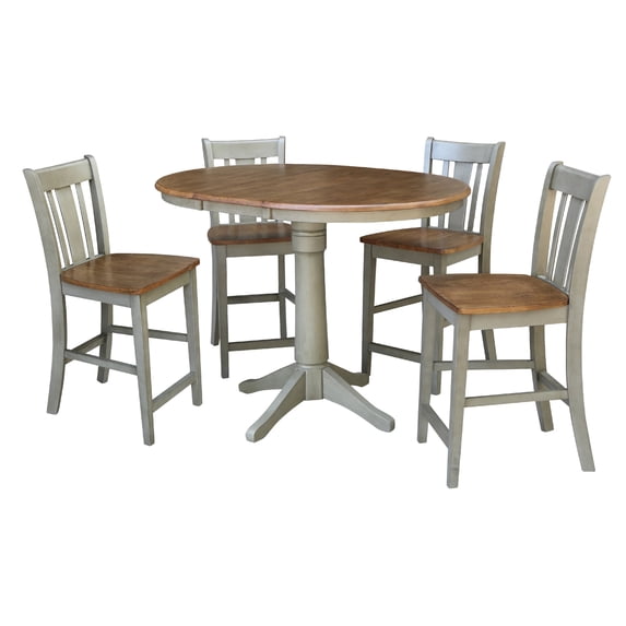 36" Round Solid Wood Extension Dining Table With 4 San Remo Counter Height Stools in Distressed Hickory/Stone by International Concepts