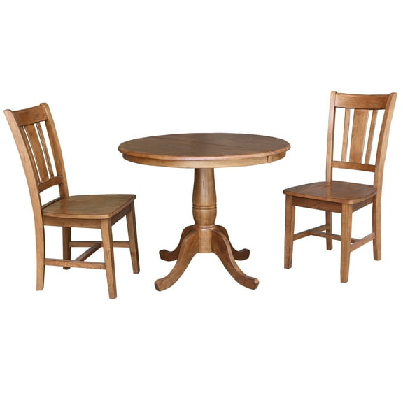 36" Round Solid Wood Extension Dining Table with 2 Chairs in Distressed Oak by International Concepts